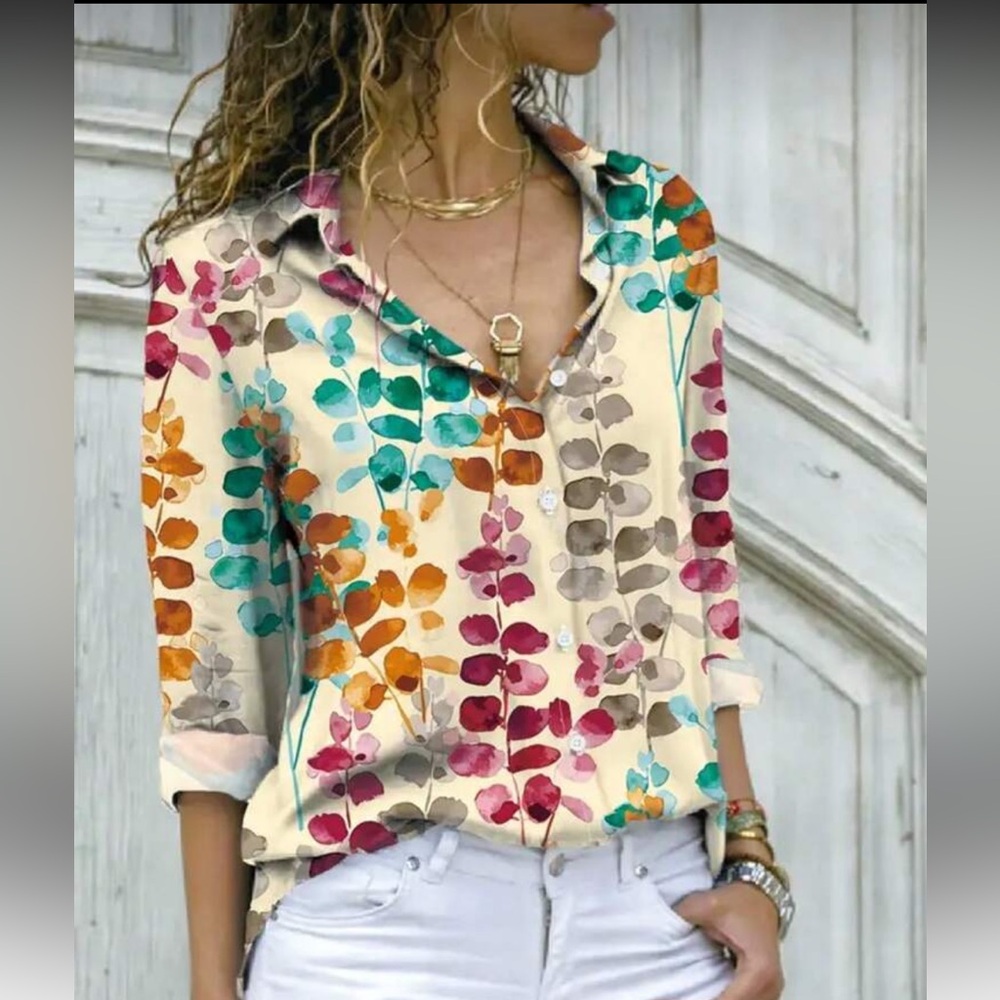 Boho Classic Printed Button-Up Long Sleeve Blouse Top Shirt Office - Picture 7 of 10